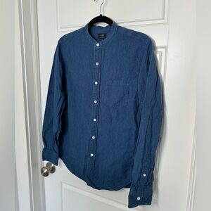 J.Crew Linen-Cotton Mandarin Collar Shirt Men's Small Blue Casual Button-Up